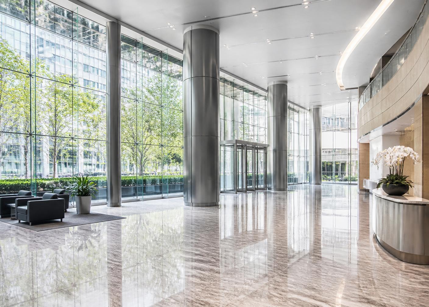 Clean commercial building lobby after post-construction cleaning